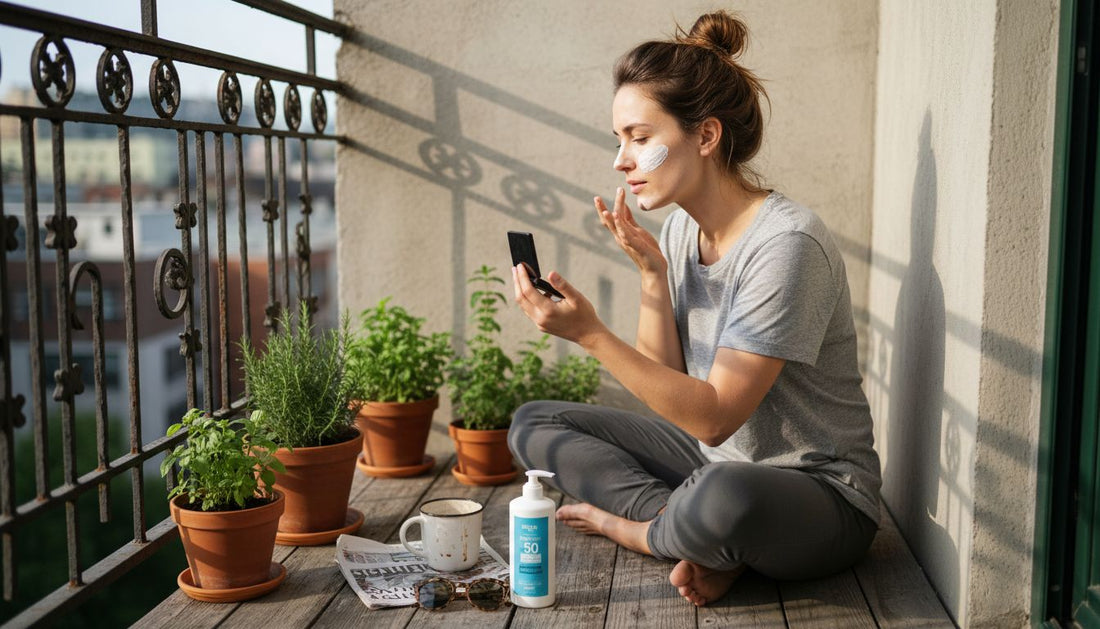 Woman applying mineral sunscreen on balcony