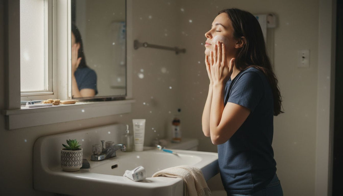 Woman gently cleanses face at bathroom sink