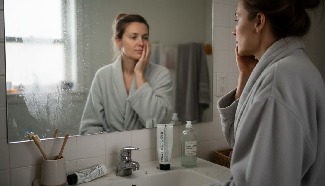 Woman checking sensitive skin in mirror