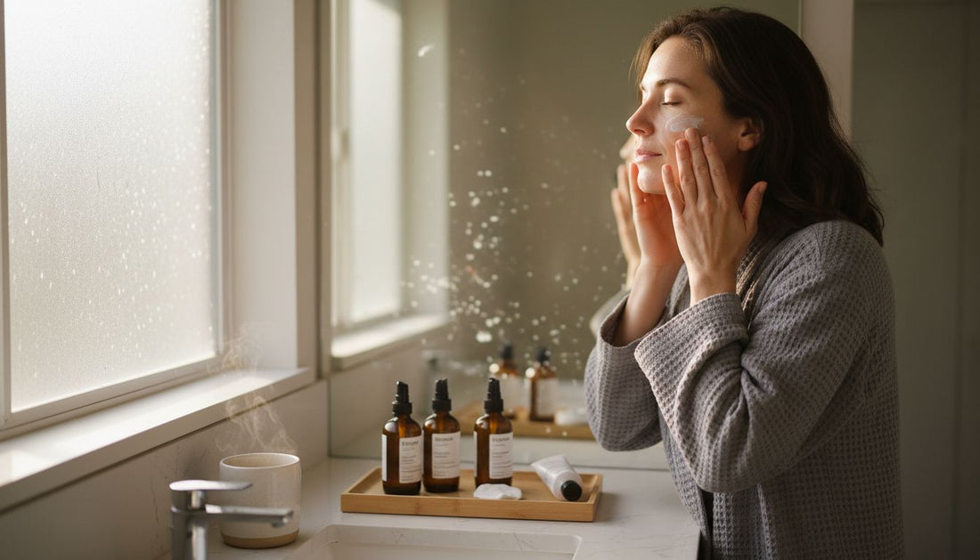 Woman applying moisturizer at home bathroom sink