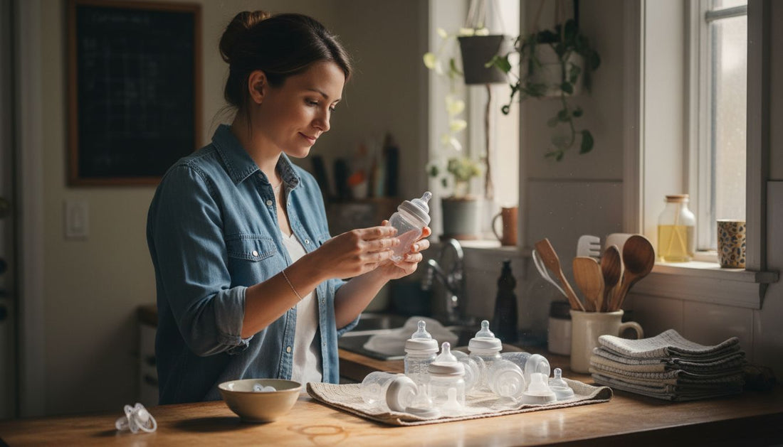 Parent gathers and inspects baby feeding set