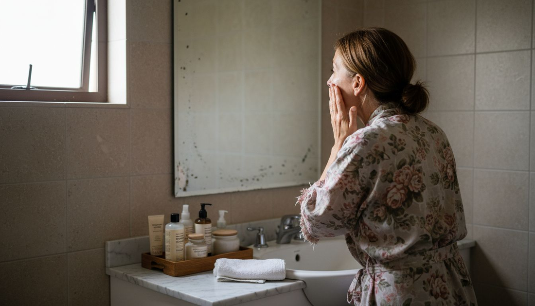 Woman applying skincare at bathroom counter