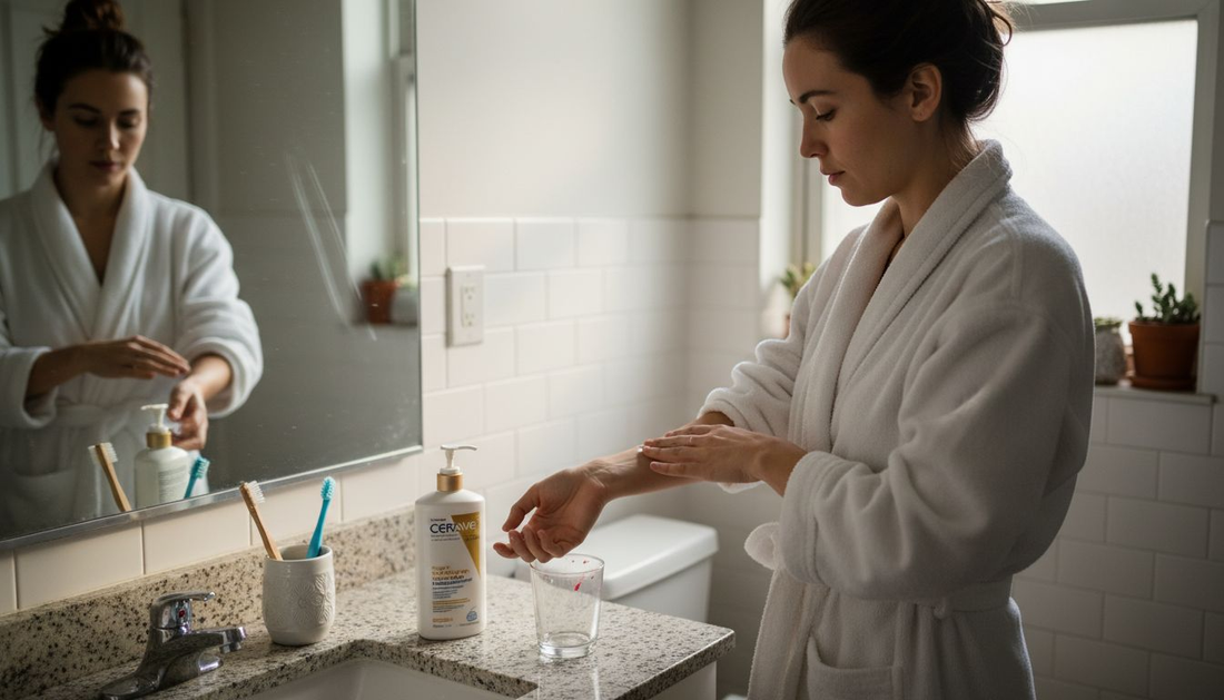 Woman applying patch test in home bathroom