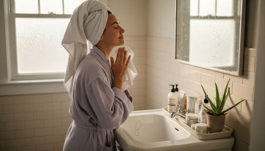 Woman caring for sensitive skin at bathroom sink