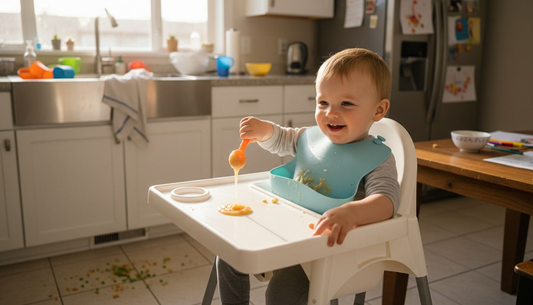 Toddler eating in kitchen wearing silicone bib