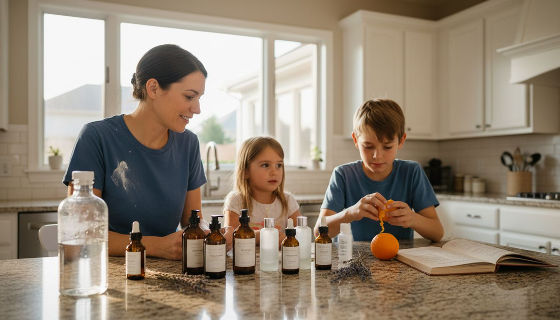 Family reviewing skincare labels at home