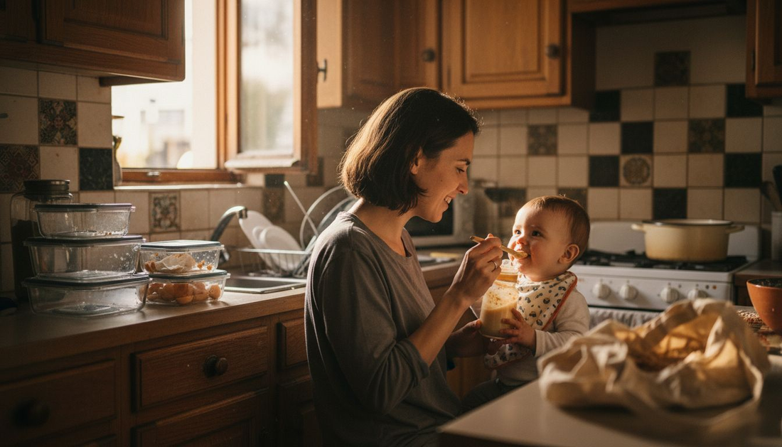 Eco-friendly baby feeding in real family kitchen