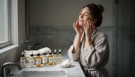 Woman applying facial oils at vanity