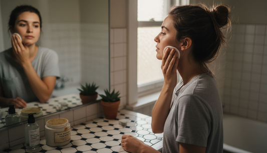 Woman practicing exfoliation in sunlit bathroom