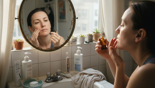 Woman layering skincare in morning light
