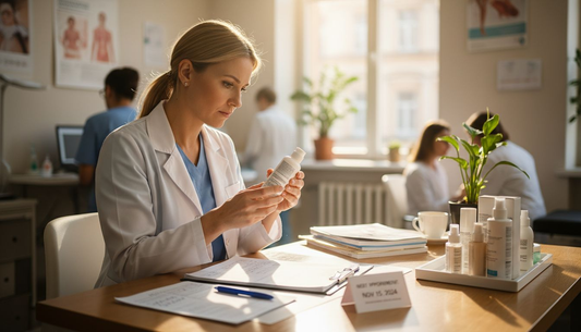 Dermatologist examining skincare product labels