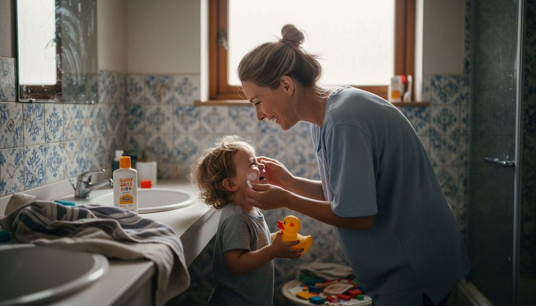 Mother and child practicing skincare together