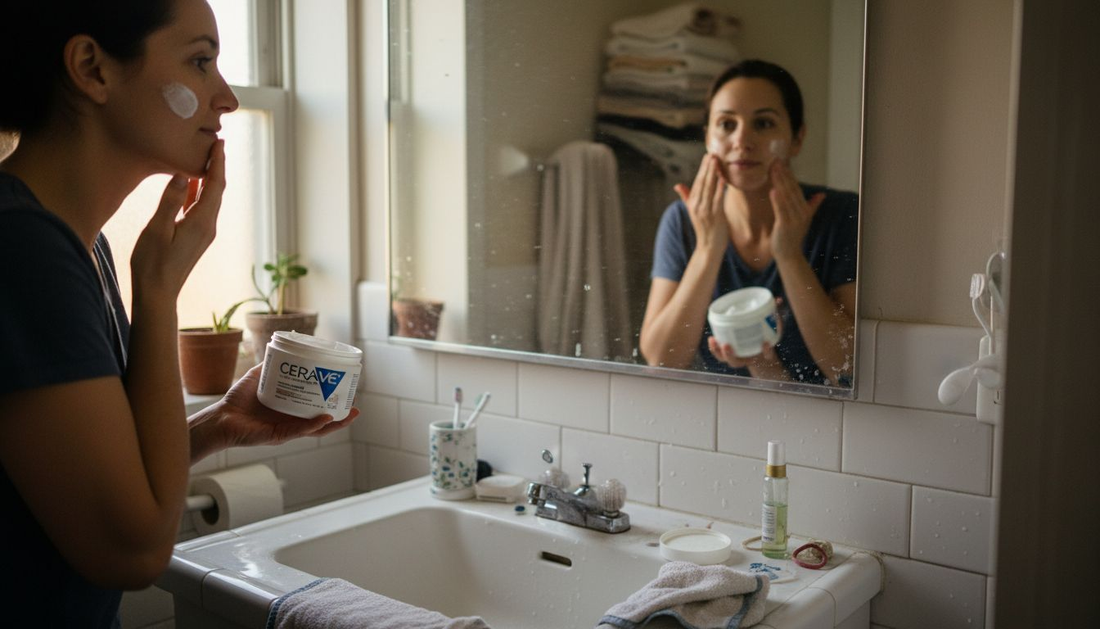 Woman applying moisturizer in real bathroom