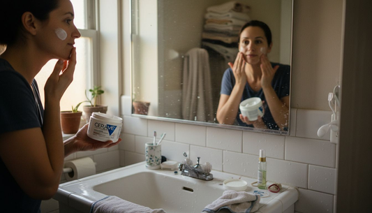Woman applying moisturizer in real bathroom