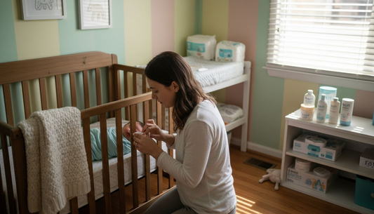 Mother gently applying lotion to newborn