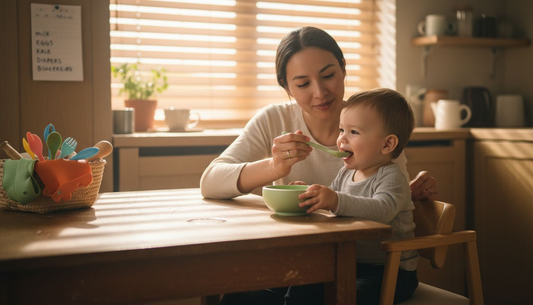 Parent feeding toddler with bamboo spoon
