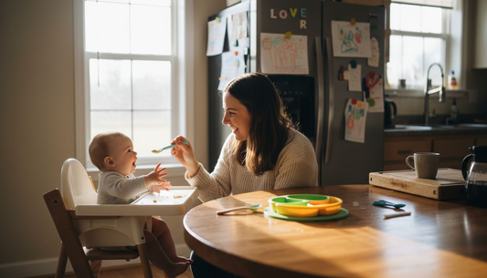 Mother feeding baby with safe utensils in bright kitchen