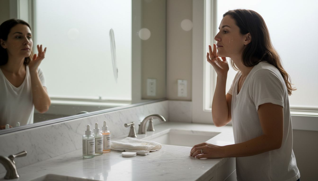 Woman applying serum in bathroom daylight
