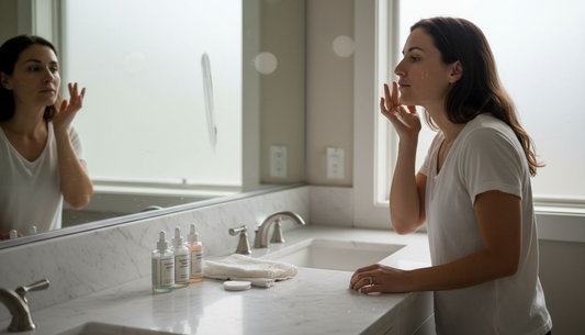 Woman applying serum in bathroom daylight