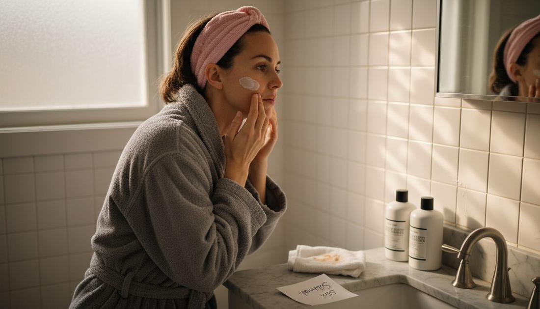 Woman applying skincare in natural light bathroom