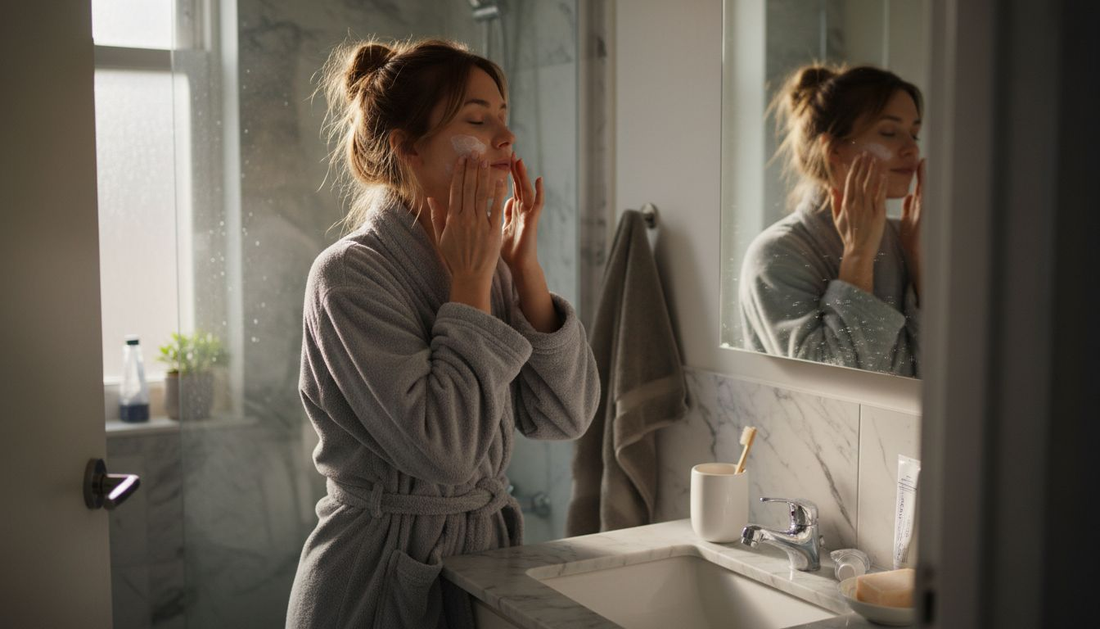 Woman applying moisturizer in sunlit bathroom