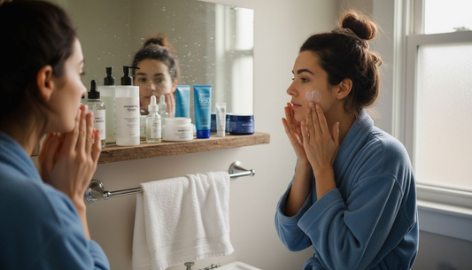 Woman applying moisturizer with bathroom skincare products