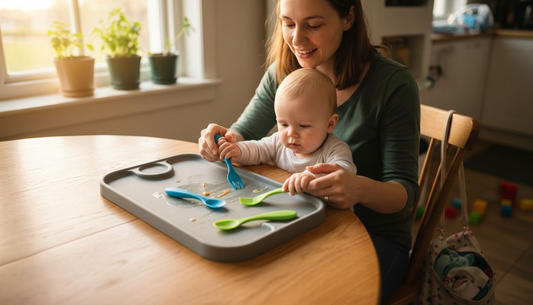 Mother helping baby explore self-feeding utensils