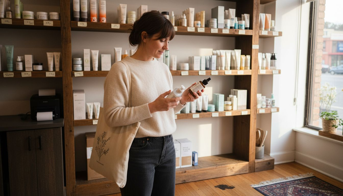 Shopper comparing skincare products in store