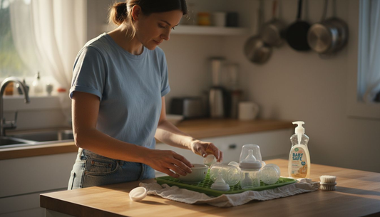 Mother arranging clean baby feeding set