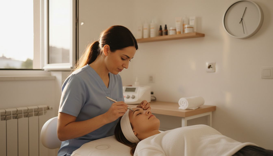 Esthetician performing dermaplaning in clinic