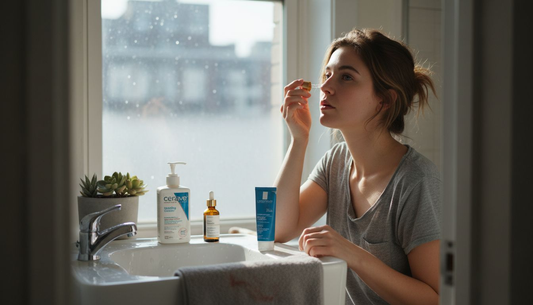 Woman applying serum in urban bathroom