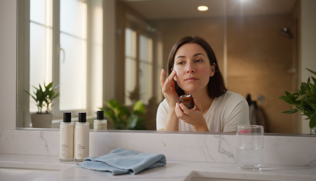 Woman applies probiotic cream for skincare