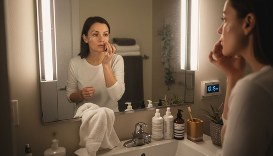 Woman applying skincare at bathroom vanity