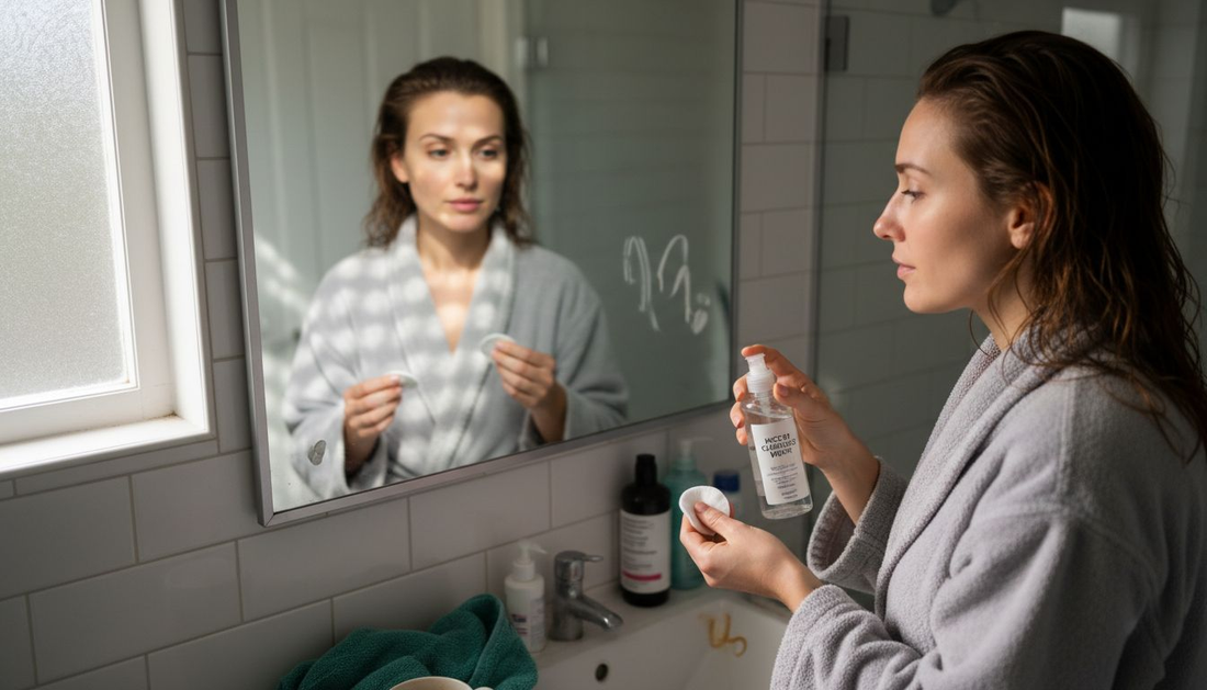 Woman applying micellar water in bathroom
