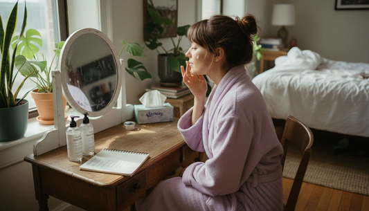 Woman testing moisturizer at vanity for sensitive skin