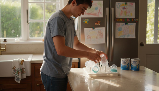 Parent sterilizing baby bottles at kitchen sink