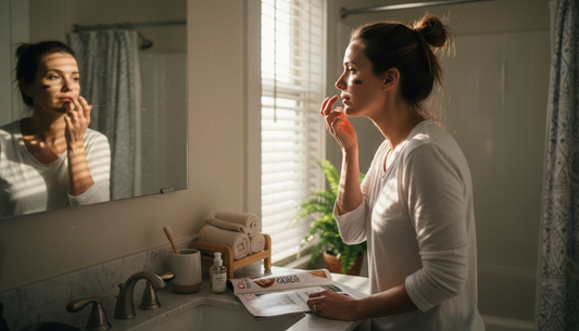 Woman applying antioxidant skincare in sunlit bathroom