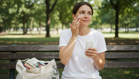 Woman applying sunscreen in city park