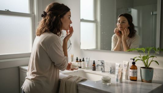 Woman applying moisturizer at bathroom vanity