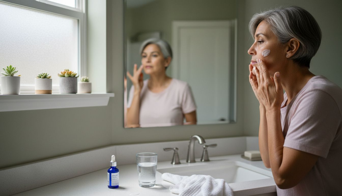 Woman applying moisturizer in morning bathroom light