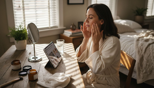 Woman performing facial massage routine at home