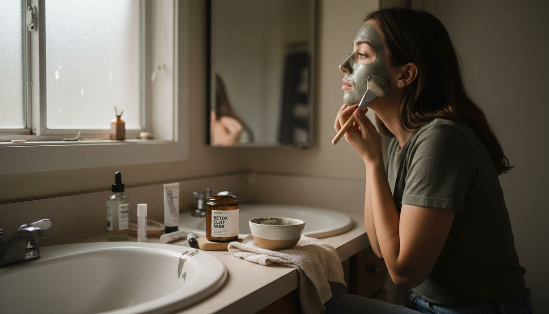 Woman applying clay mask at home