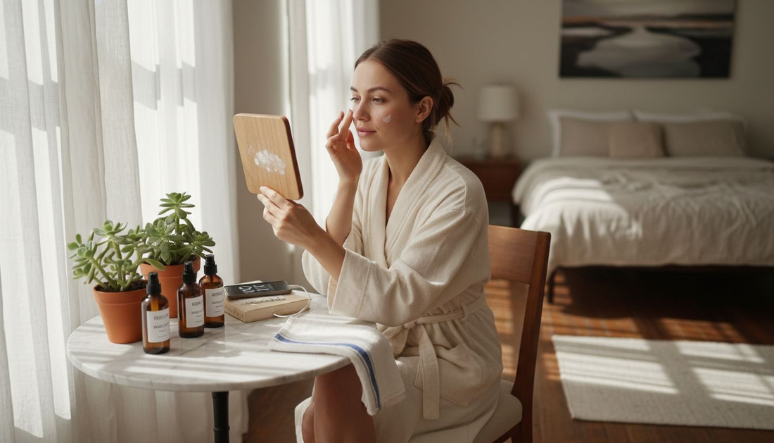 Woman applying K-Beauty skincare at home