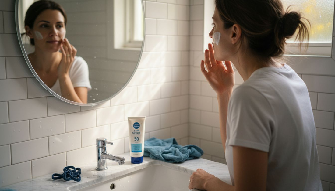 Woman applying sunscreen in morning routine