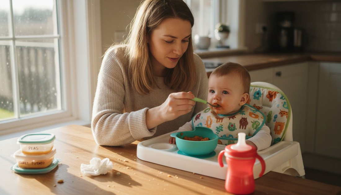 Mother and baby using mealtime essentials in kitchen