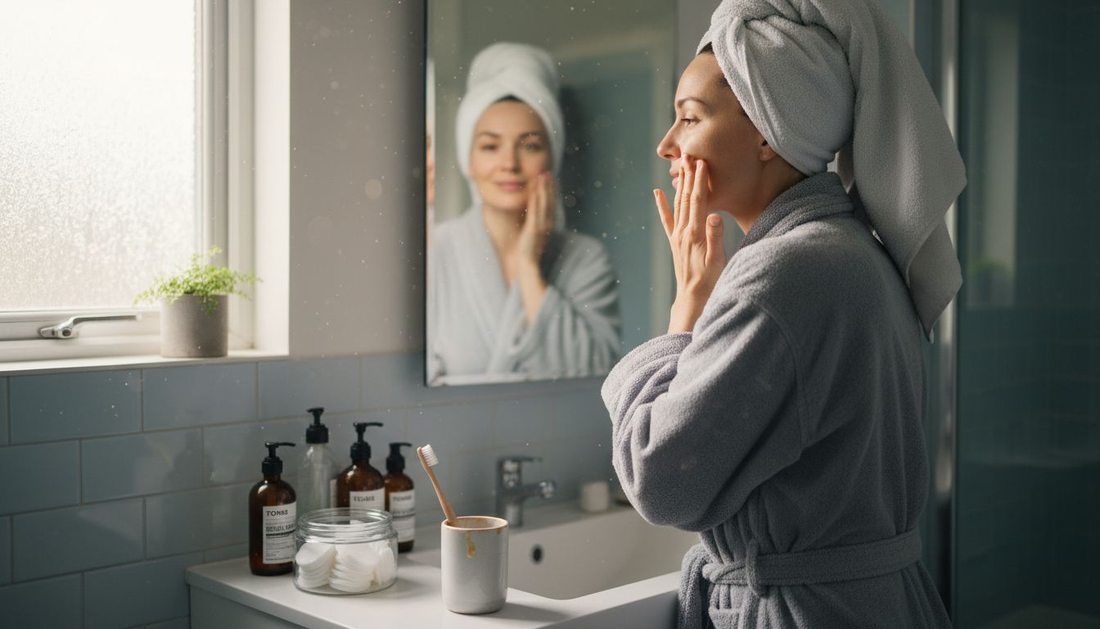 Woman using skincare at bathroom counter
