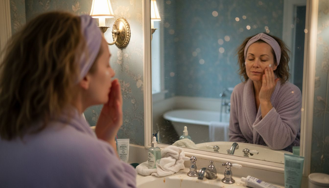 Woman applies night cream at bathroom mirror