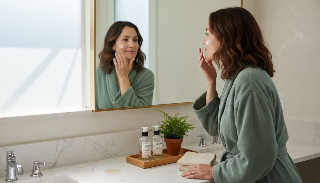 Woman using vegan skincare at bathroom counter