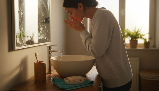 Woman cleansing face in morning bathroom