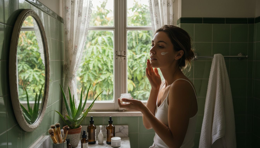 Woman applying vegan skincare in bathroom